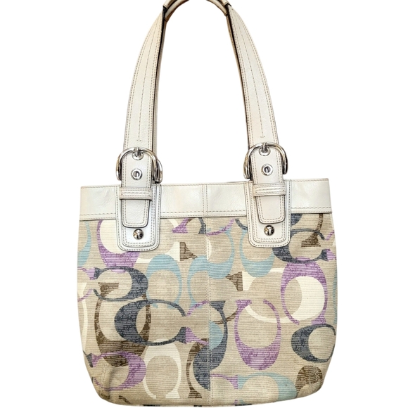 Coach Soho Linen Op Art Tote #16591 White Leather Purple Satin Interior - Picture 2 of 14